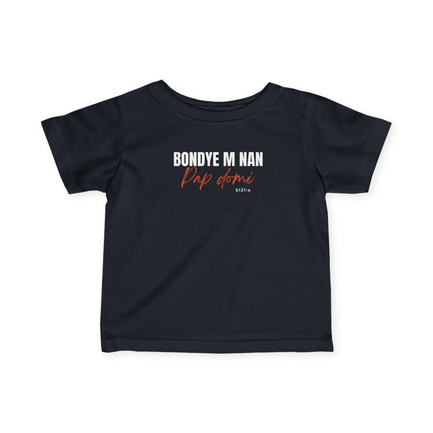 Black t-shirt with white and red text on a white background