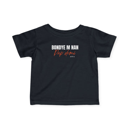 Black t-shirt with white and red text on a white background
