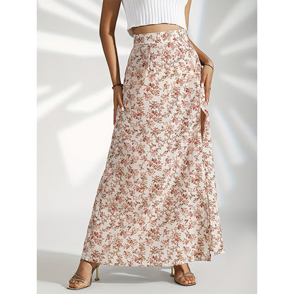 Ladie's Gentle High Waist Slit Floral Skirt