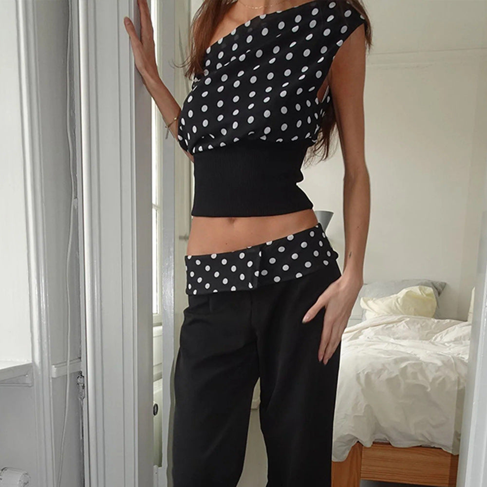 Polka Dots Oblique Shoulder Tops