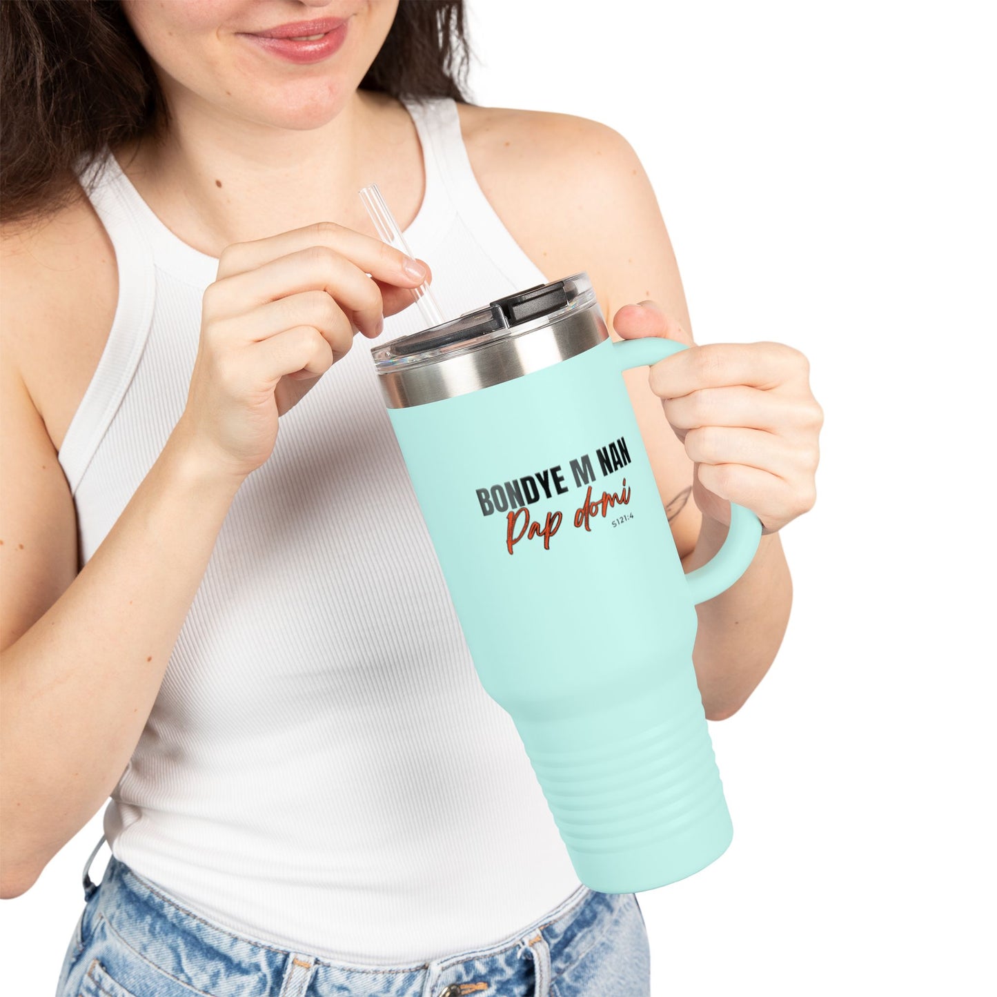 40oz Insulated Travel Mug "Bondye m nan pap Domi"