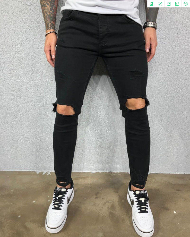 Men Jeans Black Blue Cool Skinny Knee Hole Ripped Stretch Slim