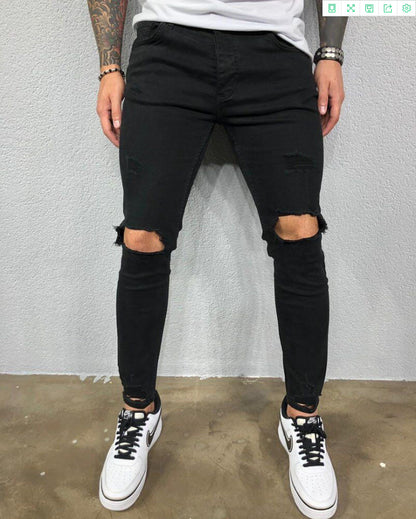 Men Jeans Black Blue Cool Skinny Knee Hole Ripped Stretch Slim