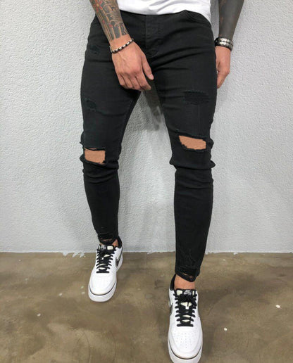 Men Jeans Black Blue Cool Skinny Knee Hole Ripped Stretch Slim