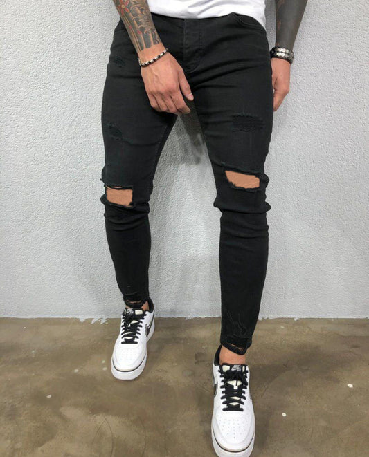 Men Jeans Black Blue Cool Skinny Knee Hole Ripped Stretch Slim