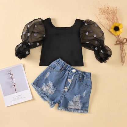 Sleeves Striped Top Ripped Denim Shorts Kids Suit
