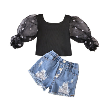 Sleeves Striped Top Ripped Denim Shorts Kids Suit