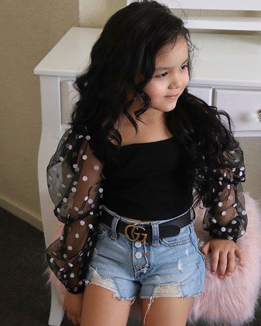 Sleeves Striped Top Ripped Denim Shorts Kids Suit