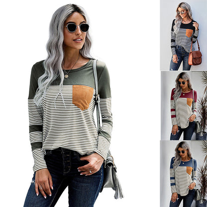 Striped stitching contrast color T-shirt