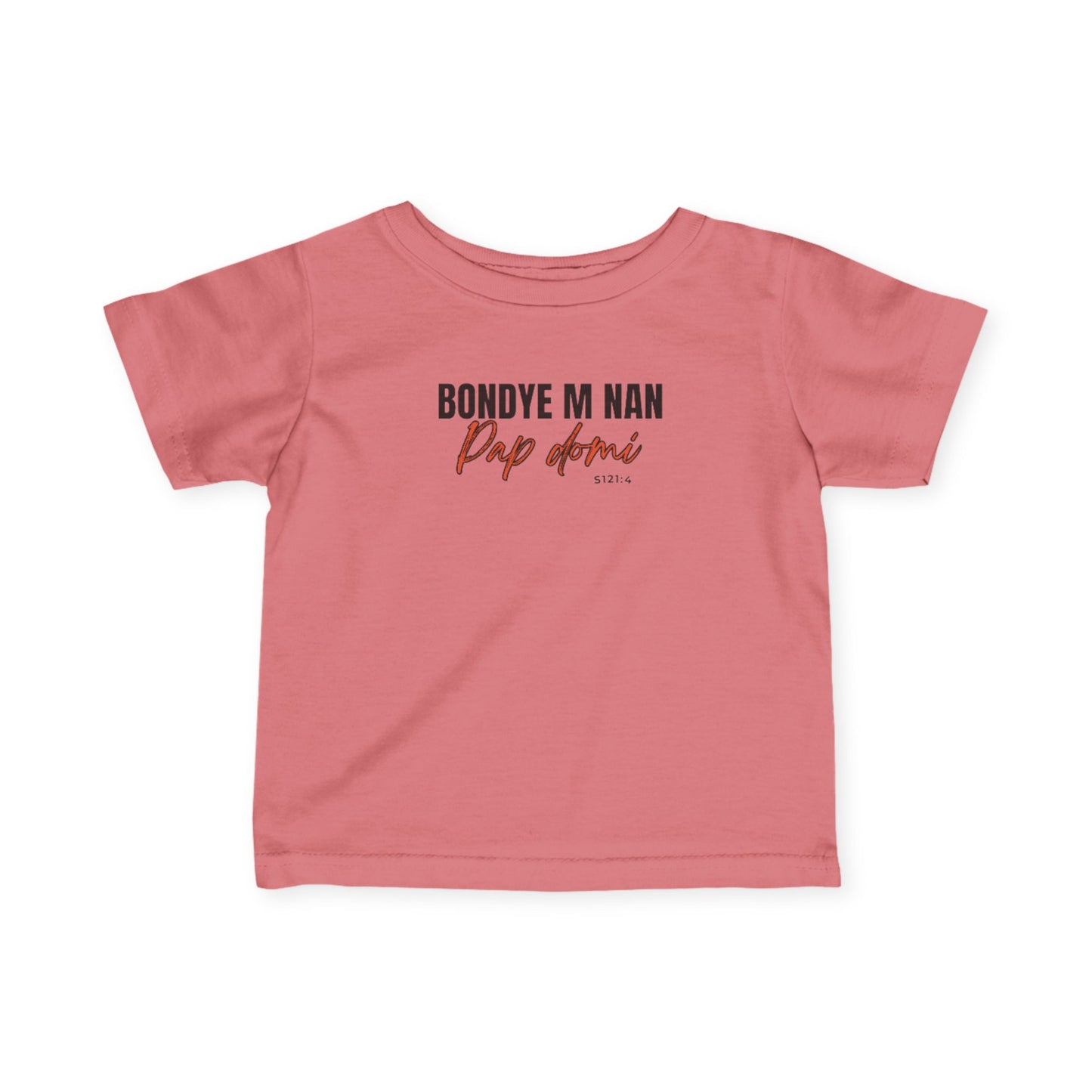 Pink t-shirt with text on a white background