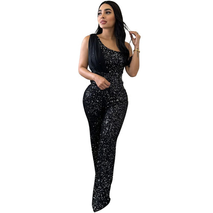 One-shoulder Sequined Trousers Jumpsuit