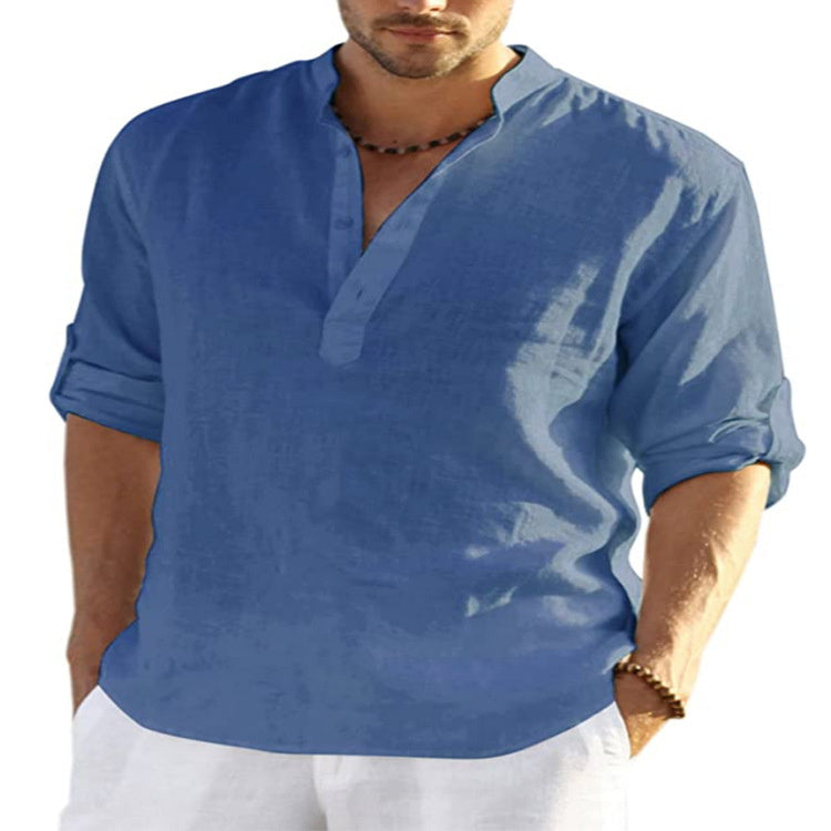 Cotton Linen Long Sleeve Shirt Loose Stand Collar