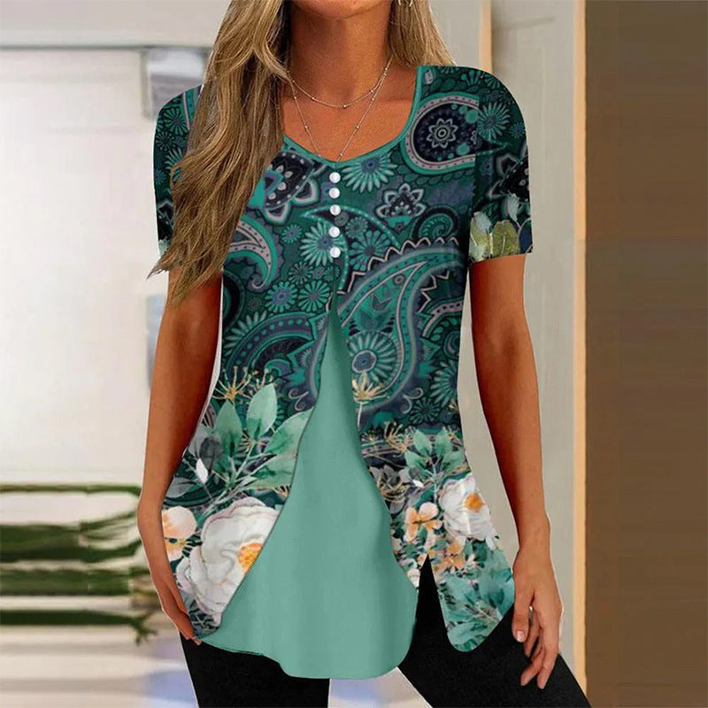 Ladie's Round Neck Two Pieces Short Sleeve Shawl Tops