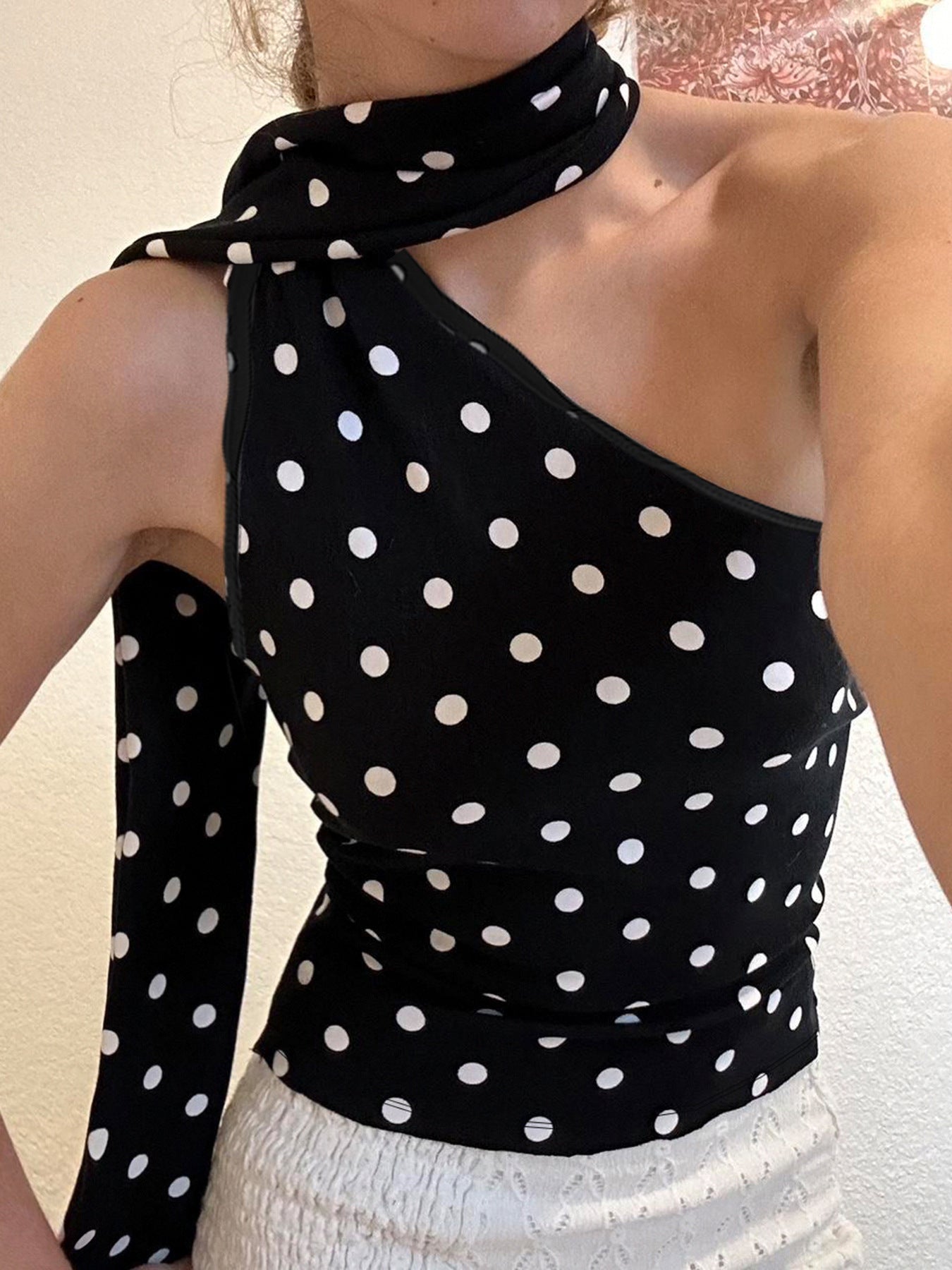 Polka Dot Halter Ribbon Shoulder Backless Wild Vest