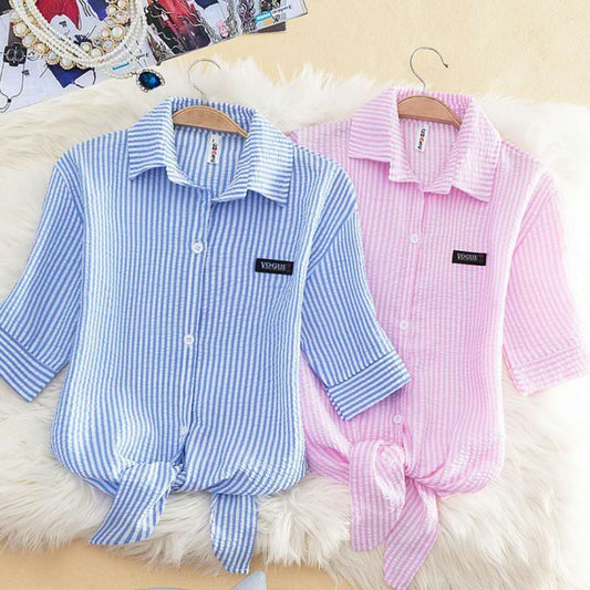 Elegant Striped Thin Shirt Women's Bow Outer Tops