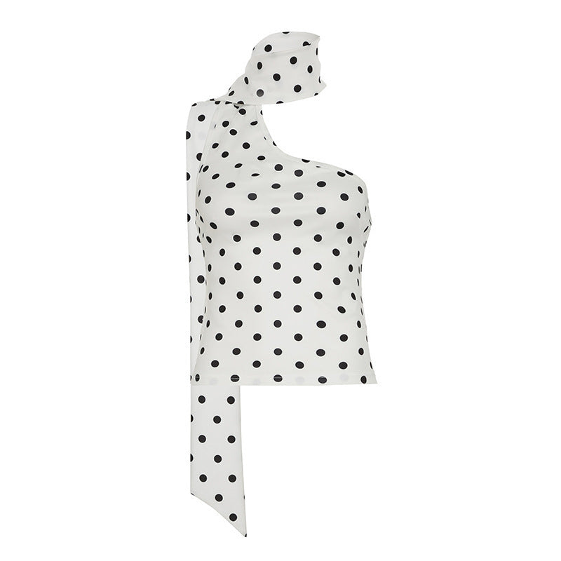 Polka Dot Halter Ribbon Shoulder Backless Wild Vest