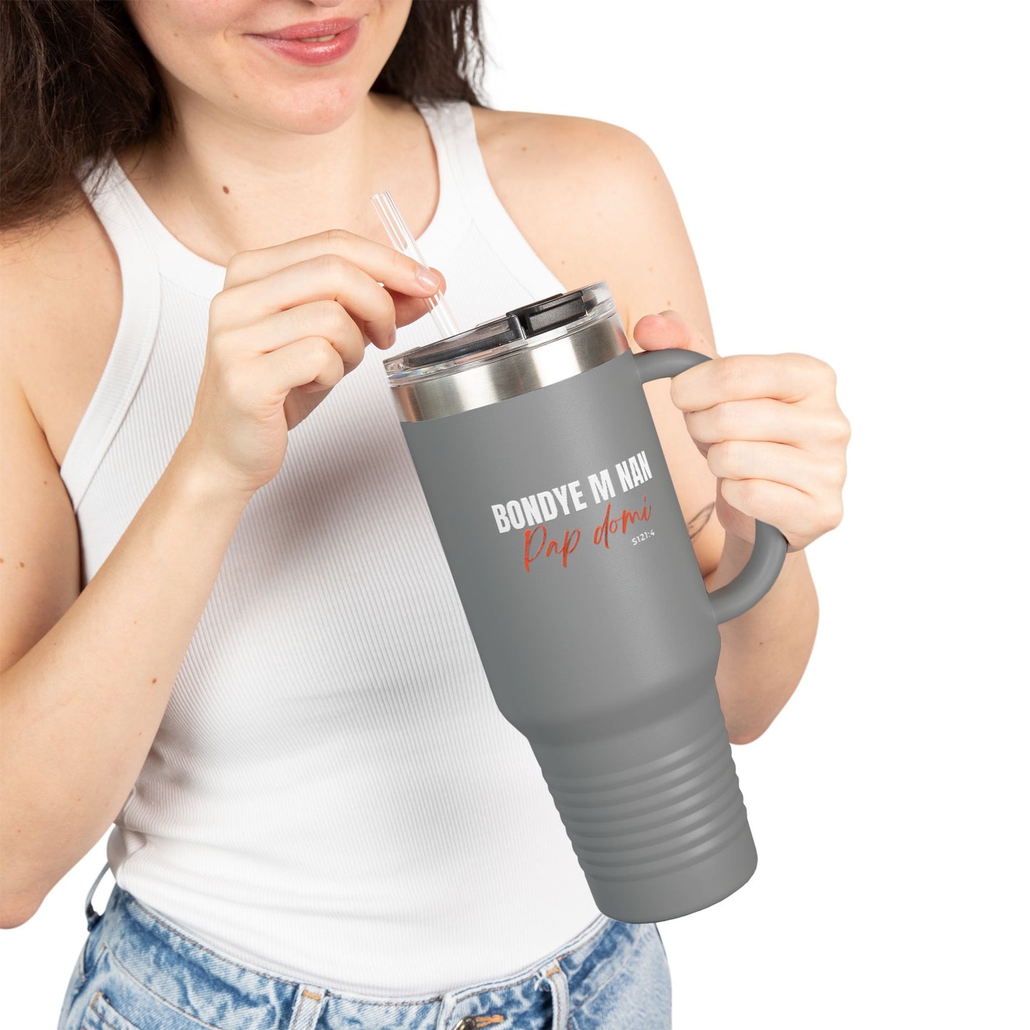 40oz Insulated Travel Mug "Bondye m nan pap Domi"
