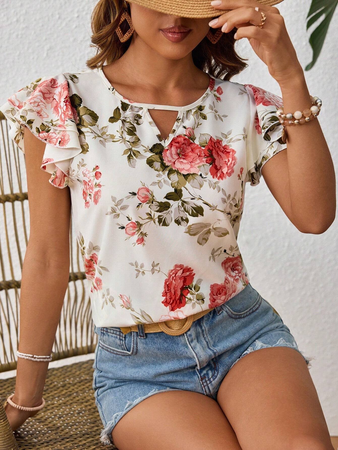 Women Floral Print Short Sleeve Ruffled Tops