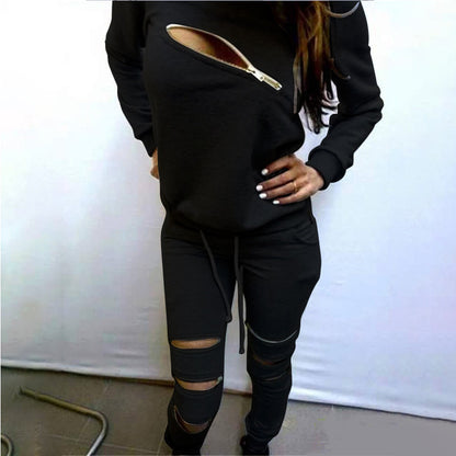 Sexy zipper plus velvet long sleeve sweater suit