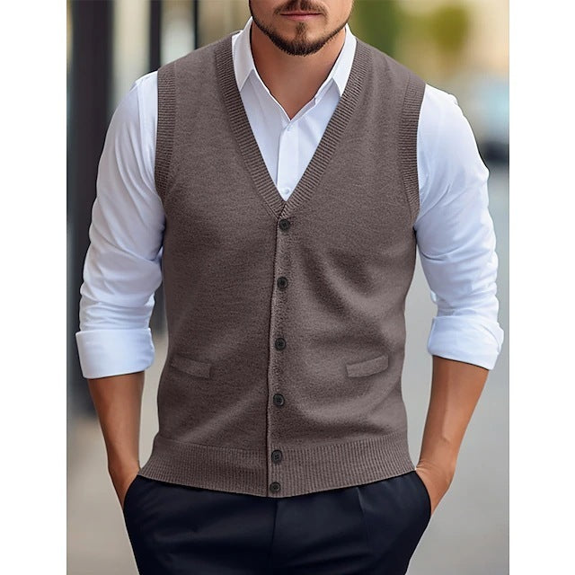 Sleeveless Wool Knit Cardigan Men's Vest
