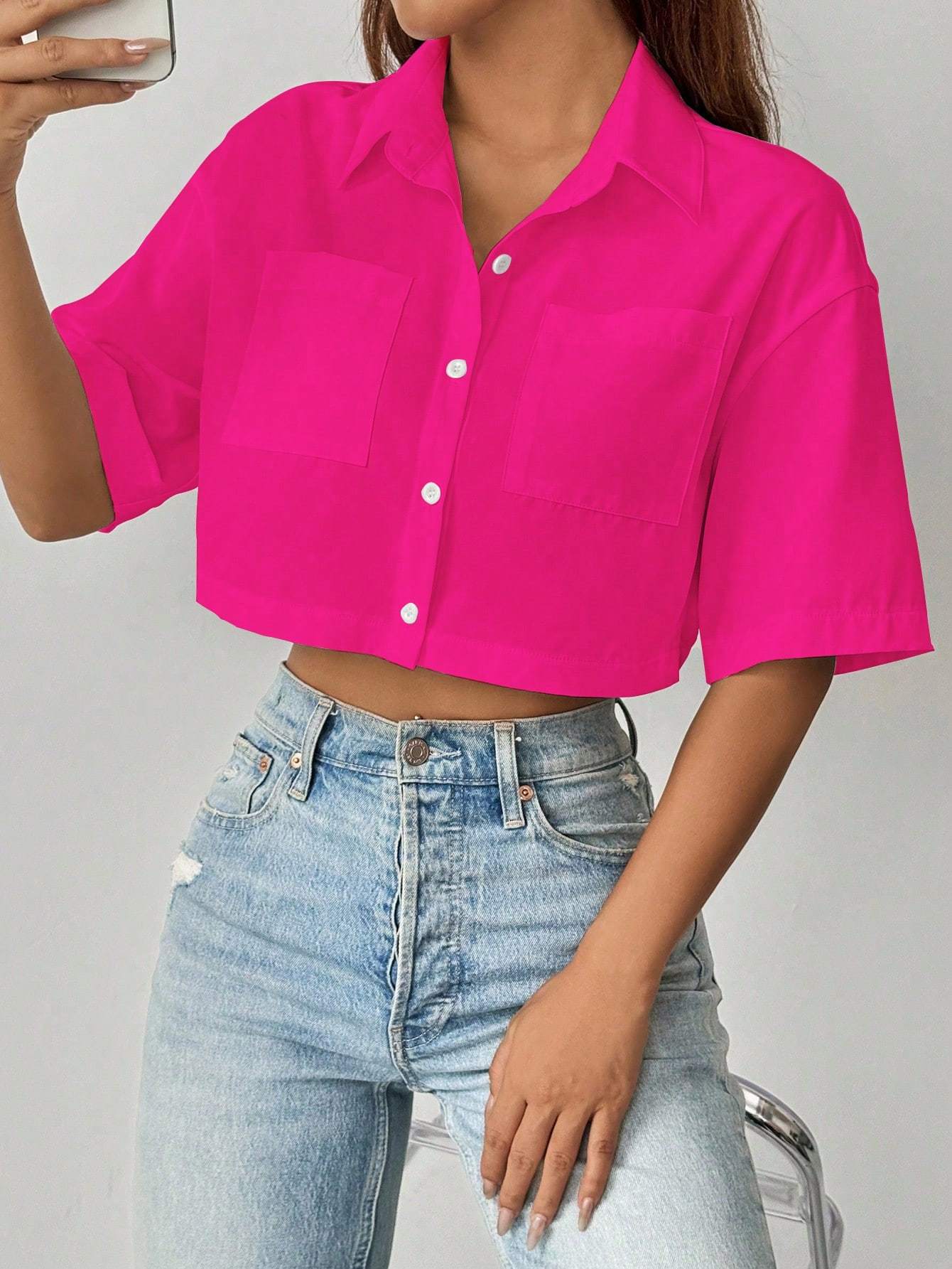 Shoulder Pocket Patched Crop Tops
