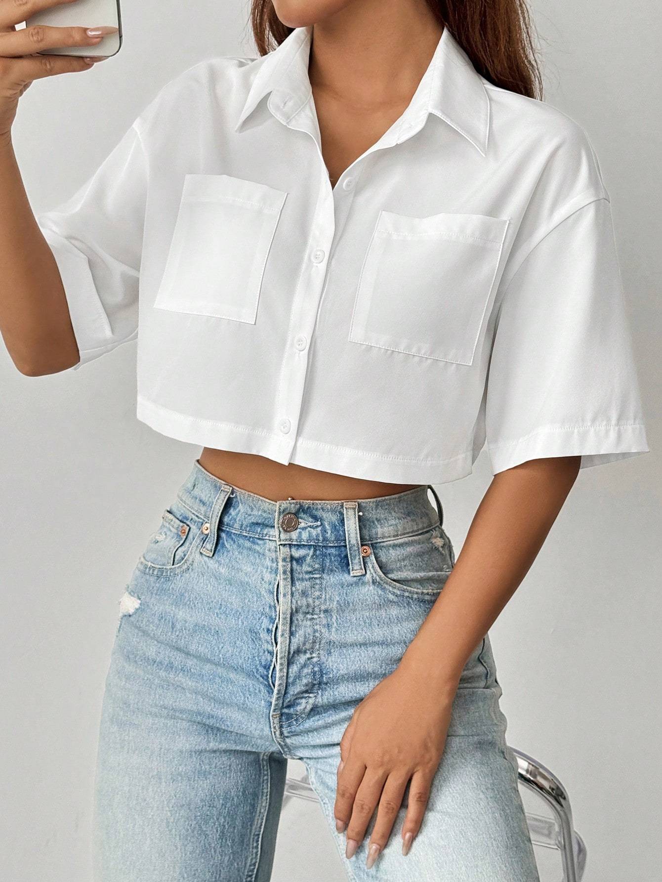 Shoulder Pocket Patched Crop Tops