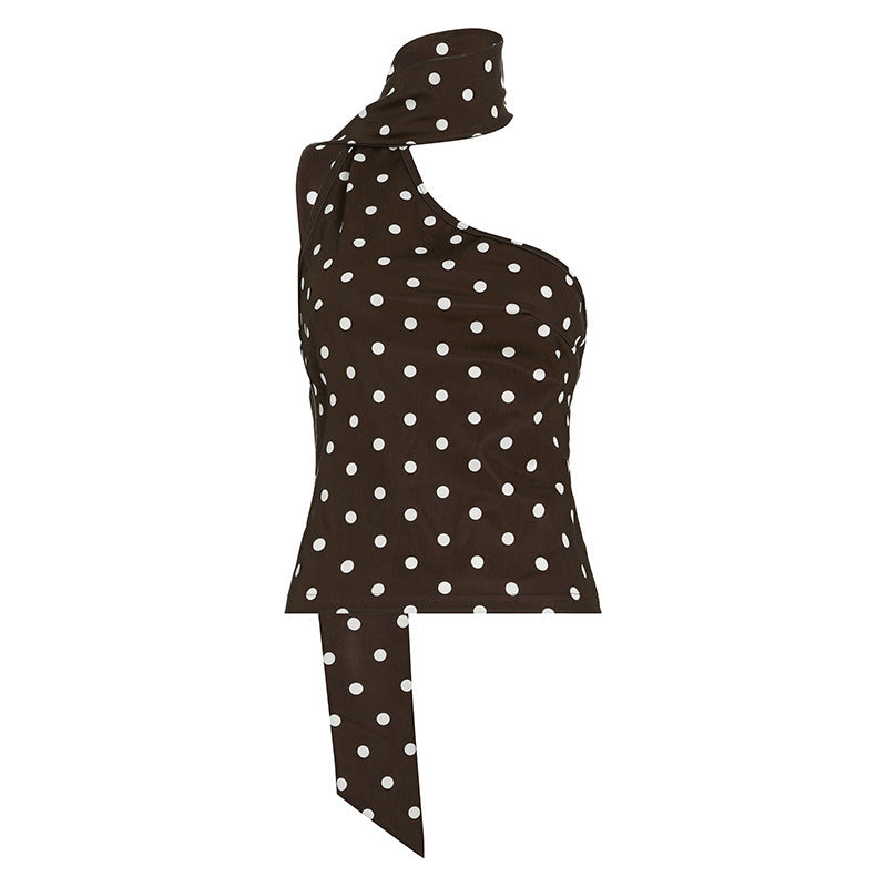 Polka Dot Halter Ribbon Shoulder Backless Wild Vest