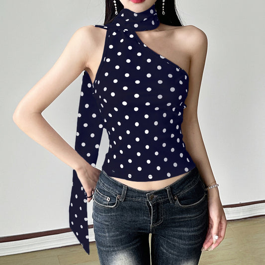 Polka Dot Halter Ribbon Shoulder Backless Wild Vest