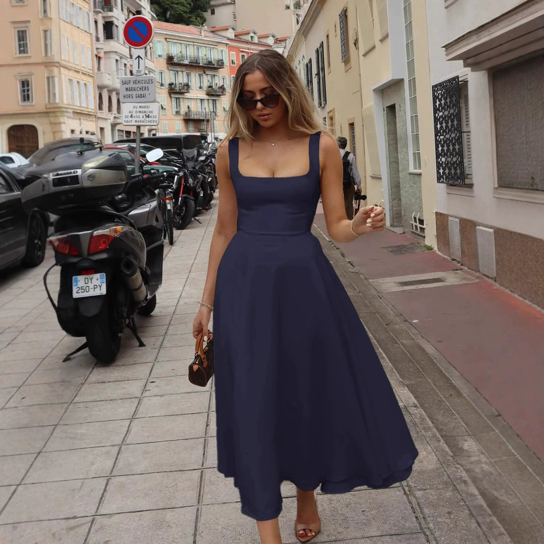 Square-neck Waist Trimming Sling Dress