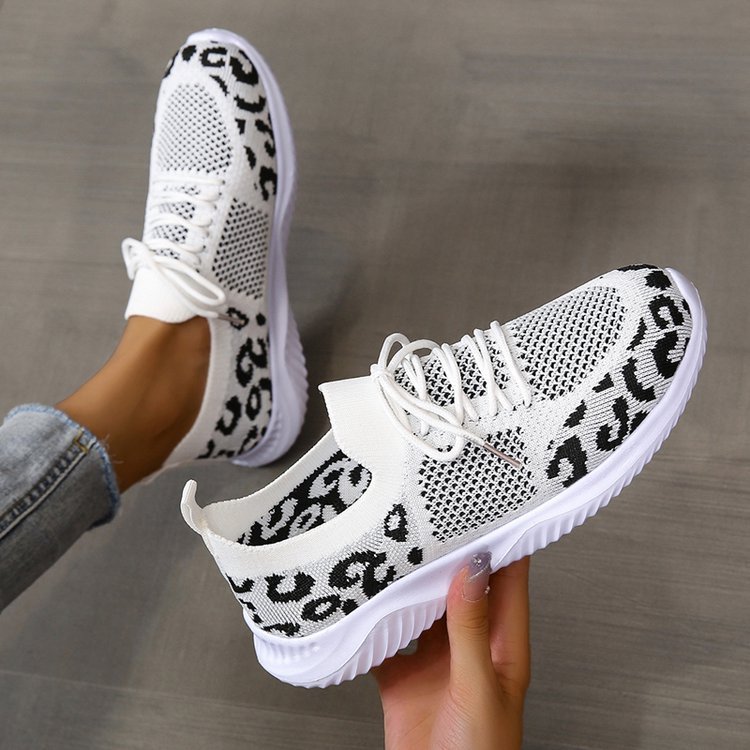 Nice White Shoes Women Leopard Print Lace-up Sneakers Sports