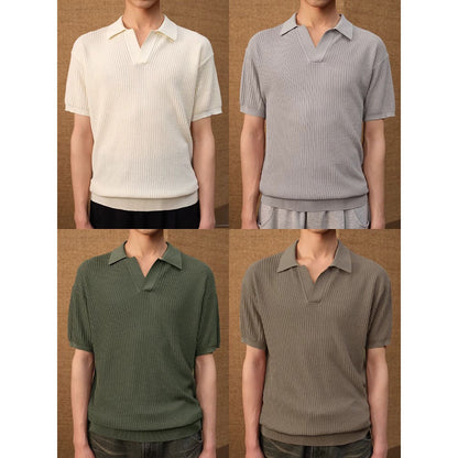 Polo  Style Collar Stripes Ice Silk T-Shirt