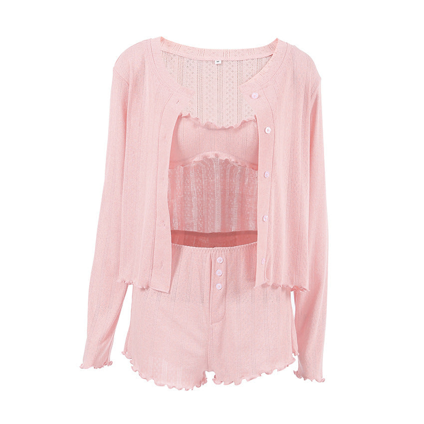Cardigan Underwear Shorts Three-piece Pajamas