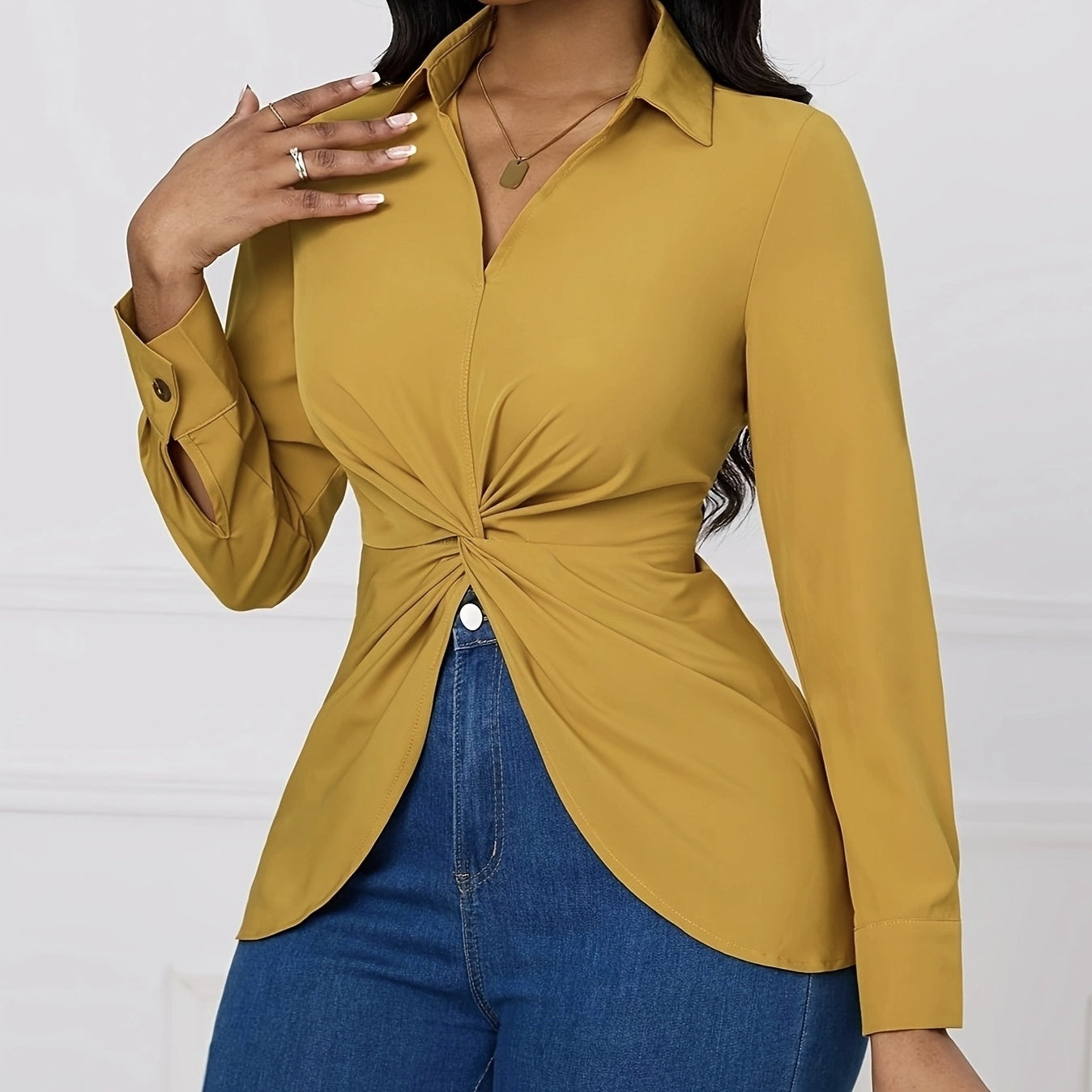 Women's Solid V-neck Knot Long Sleeved Shirt