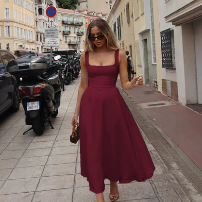 Square-neck Waist Trimming Sling Dress