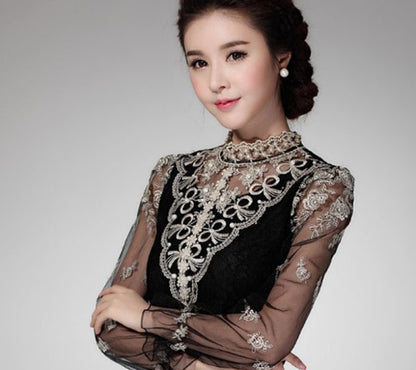 Mesh bottoming shirt women's long-sleeved lace new autumn stand collar blouse lace top Slim