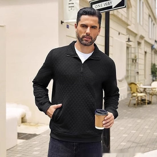 Men's Long Sleeve Knitted Zip Pullover Plaid Sweatshirt