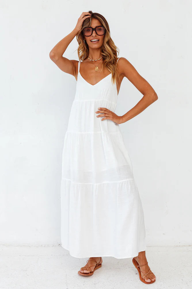 Polyester Carbell Maxi White Dress