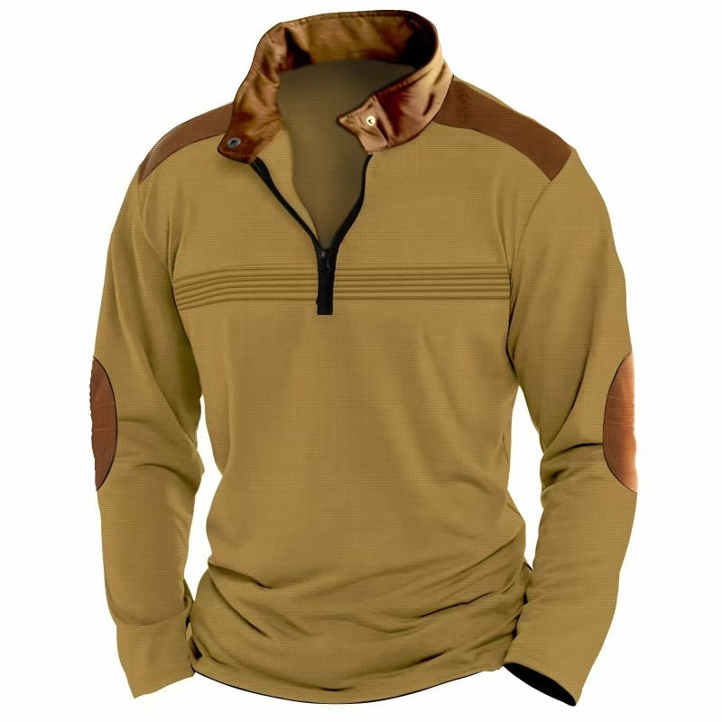 Elegant Men's Stitching Polo Shirt Long-sleeve Zipper