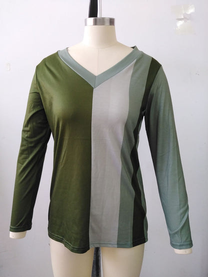 V-neck Striped Long Sleeves T-shirt