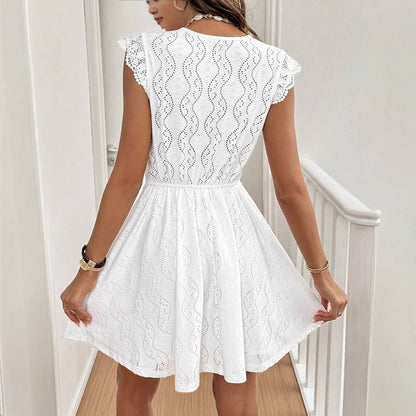 Knitted Hollow Out V-neck Stretch Lace Skirt Dress