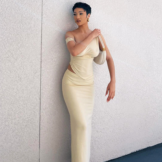 Oblique Shoulder Tops Long Skirt Set