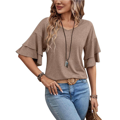 Loose V-neck Ruffle Sleeve Tops Women's Clothing