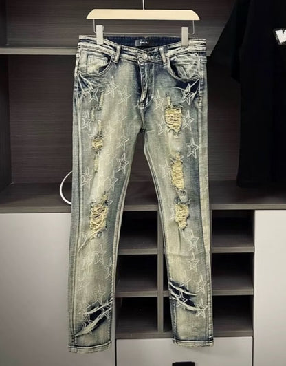 Men's Punk Retro Blue Ripped Slim Feet Jeans