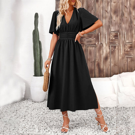 Elegant Women's Ruffle Sleeve Split Elastic Waist Polyester Dress
