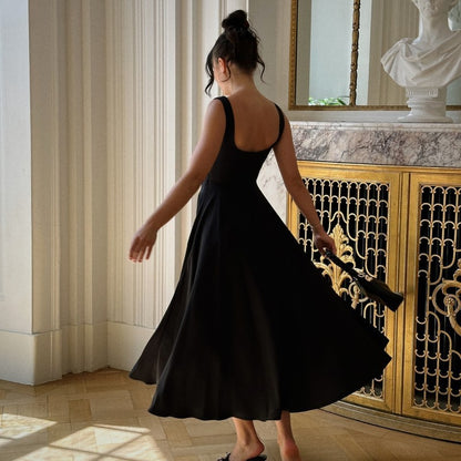Square-neck Waist Trimming Sling Dress