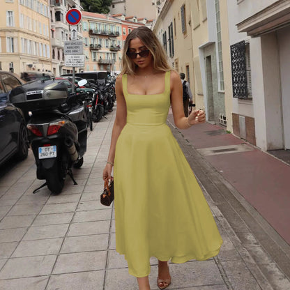 Square-neck Waist Trimming Sling Dress