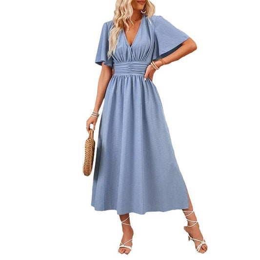 Elegant Women's Ruffle Sleeve Split Elastic Waist Polyester Dress