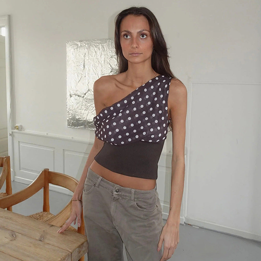 Polka Dots Oblique Shoulder Tops