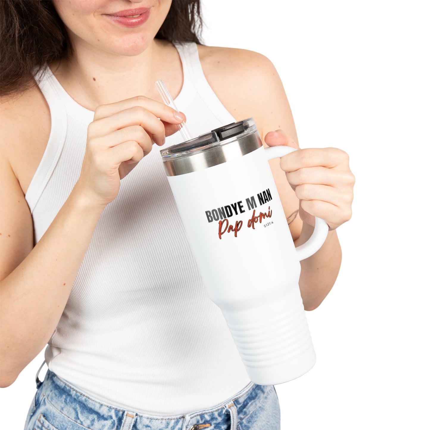 40oz Insulated Travel Mug "Bondye m nan pap Domi"