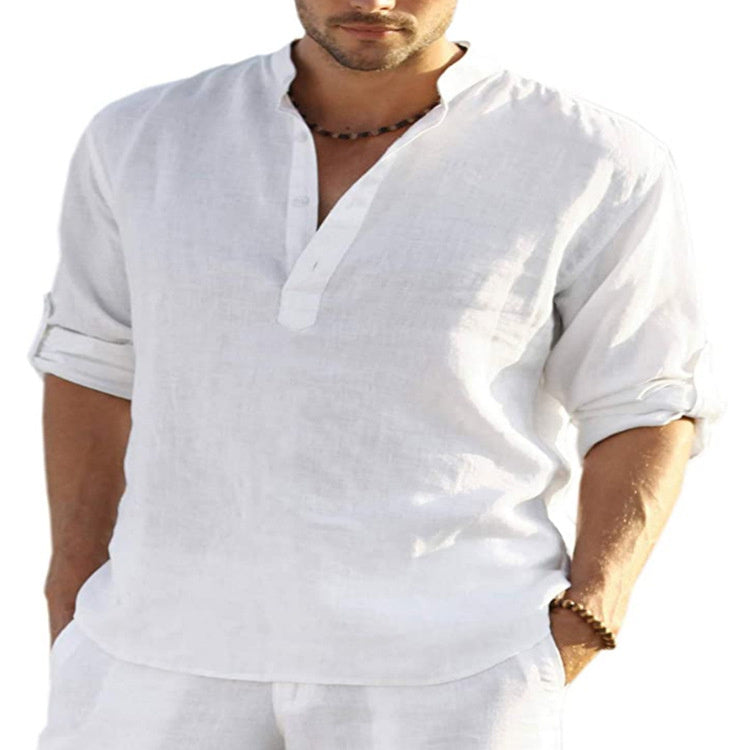 Cotton Linen Long Sleeve Shirt Loose Stand Collar